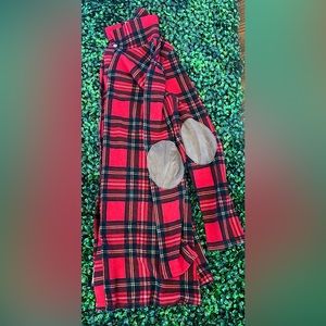 Red Plaid button down tunic with brown suede accents on elbows!
